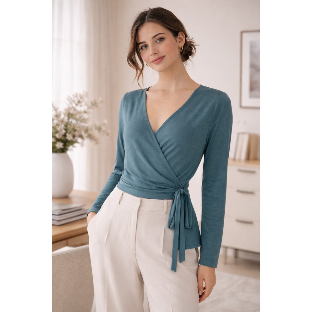 Ann Taylor LOFT Green Wrap Blouse Size S | V-Neck Long Sleeve Balletcore Top